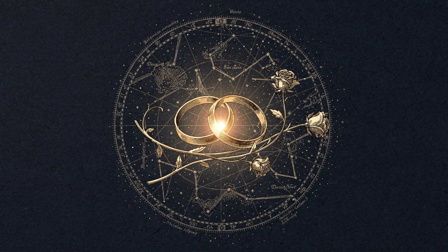 Ilustracja dwóch złotych orbit jak splecione pierścienie otoczonych znakami zodiaku i datami urodzenia