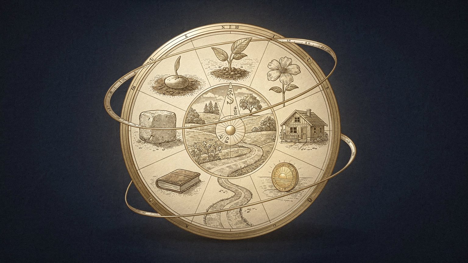 Numerologiczne koło w formie astrolabium podzielone na dziewięć segmentów, symbolizujące cykl roku osobistego